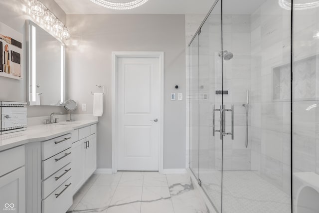 225 N New Jersey St Unit 52, Indianapolis, IN 46204 - full bath featuring vanity, a stall shower, and marble finish floors