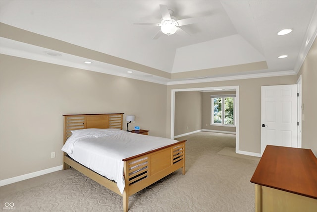 13779 Stone Dr, Carmel, IN 46032 - bedroom with light colored carpet, a raised ceiling, recessed lighting, and a ceiling fan