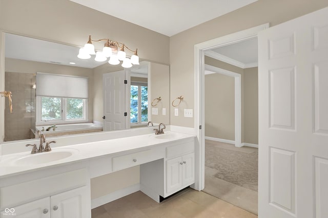 13779 Stone Dr, Carmel, IN 46032 - bathroom with a garden tub, double vanity, tile patterned floors, a tile shower, and crown molding