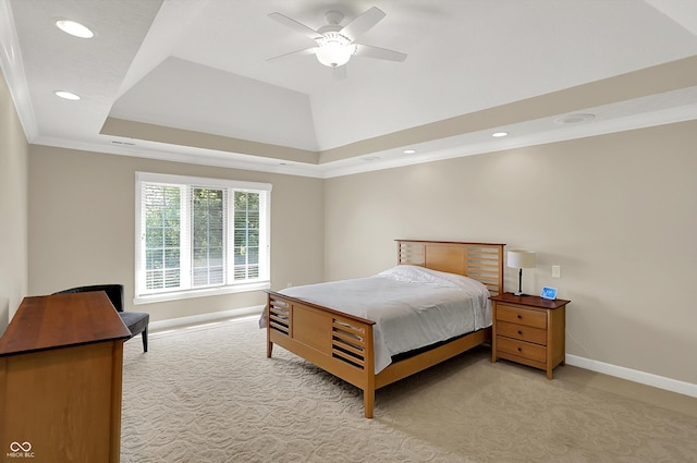 13779 Stone Dr, Carmel, IN 46032 - bedroom with light carpet, a raised ceiling, crown molding, recessed lighting, and a ceiling fan