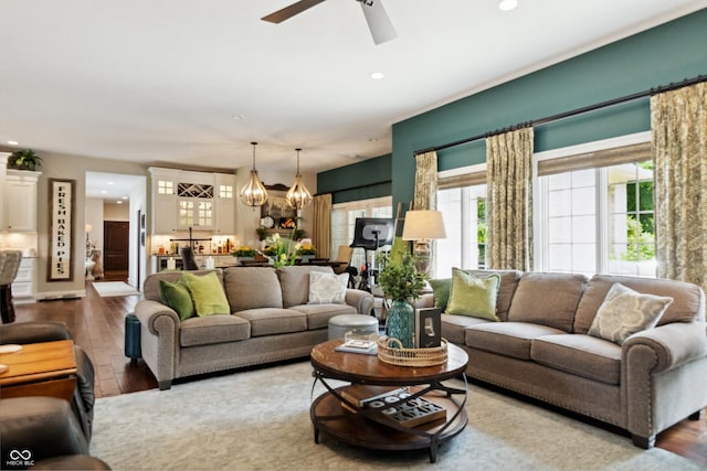 3399 Nottinghill Blvd, Plainfield, IN 46168 - living room featuring hardwood / wood-style floors, a chandelier, recessed lighting, and ceiling fan