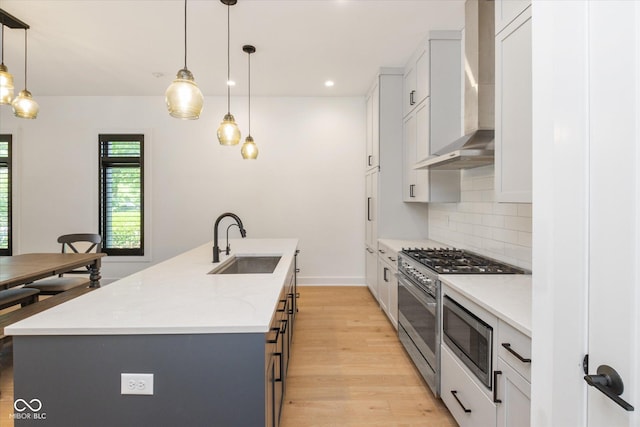 1905 N Alabama St, Indianapolis, IN 46202 - kitchen featuring wall chimney range hood, appliances with stainless steel finishes, backsplash, light wood-type flooring, and a kitchen island with sink