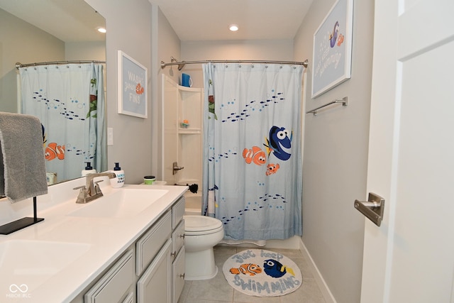 2734 Chalbury Dr, Plainfield, IN 46168 - full bathroom featuring double vanity, tile patterned floors, a shower with curtain, and recessed lighting