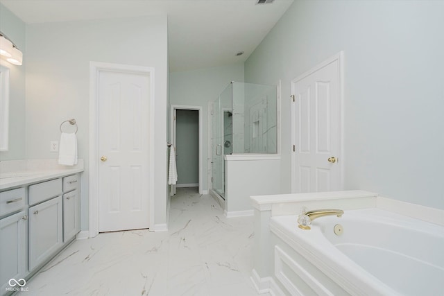 12490 Windbush Way, Carmel, IN 46033 - bathroom with a stall shower, a bath, vanity, and marble look tile flooring