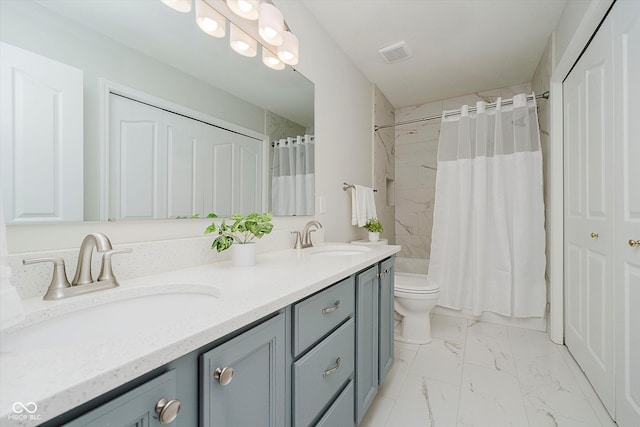 12490 Windbush Way, Carmel, IN 46033 - bathroom featuring double vanity, shower / tub combo, and marble look tiles