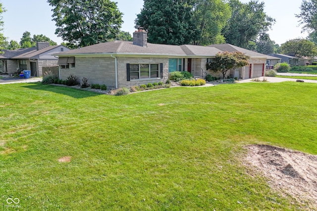 136 W Loretta Dr, Indianapolis, IN 46217 - ranch-style home with concrete driveway, a garage, a chimney, and a front lawn