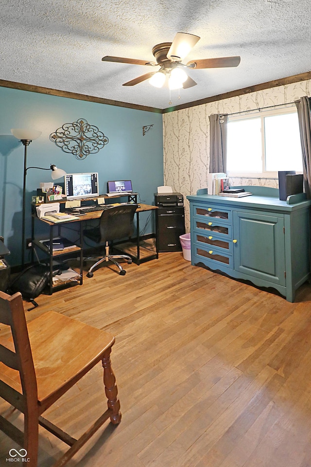 2587 E State Road 55, Wingate, IN 47994 - office area with a textured ceiling, a ceiling fan, crown molding, and light wood-style floors