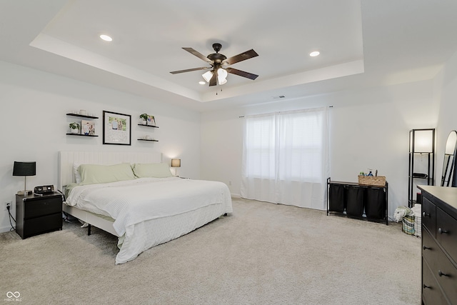 5809 Terracotta Trce, Mccordsville, IN 46055 - bedroom with a tray ceiling, light carpet, recessed lighting, and ceiling fan