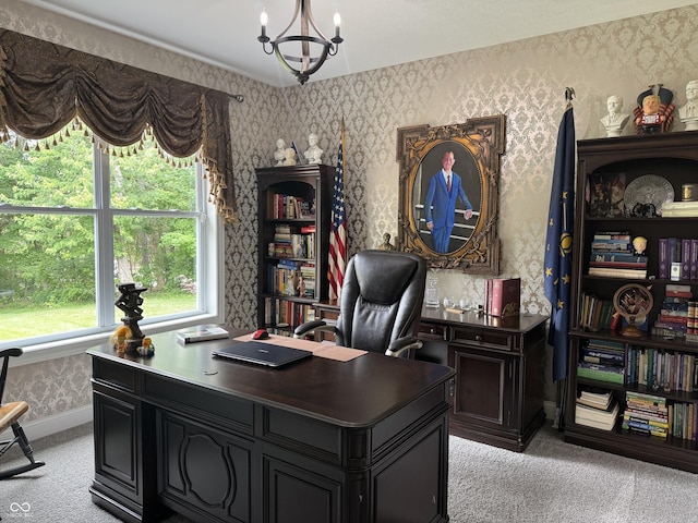 188 Gettysburg, Coatesville, IN 46121 - office with light colored carpet, wallpapered walls, and a chandelier