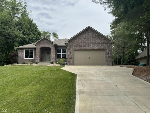 188 Gettysburg, Coatesville, IN 46121 - ranch-style house with brick siding, a garage, concrete driveway, a front yard, and a shingled roof
