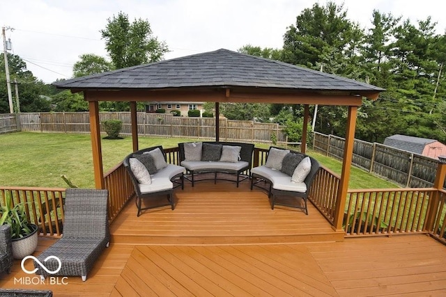 4430 Wexford Rd, Indianapolis, IN 46226 - wooden terrace featuring an outdoor hangout area, a gazebo, and a fenced backyard