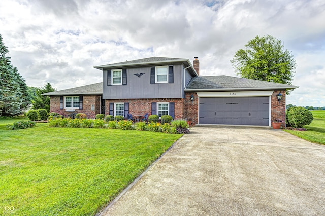 303 E County Road 500 N, Pittsboro, IN 46167 - split level home featuring a garage, brick siding, a chimney, and a front lawn
