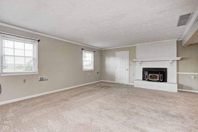 303 E County Road 500 N, Pittsboro, IN 46167 - unfurnished living room featuring ornamental molding, carpet, a textured ceiling, and a fireplace