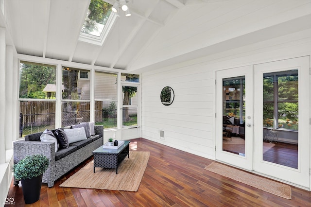 1099 Saratoga Cir, Carmel, IN 46280 - sunroom featuring french doors, a skylight, and an outdoor living space