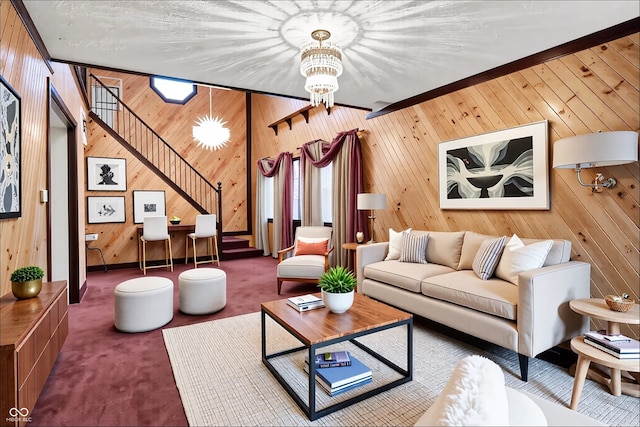 6430 E Southport Rd, Indianapolis, IN 46237 - carpeted living area with wooden walls, stairs, and a chandelier