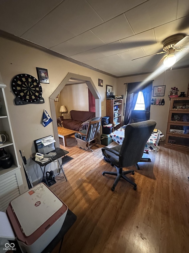 1033 S Locke St, Kokomo, IN 46902 - home office with wood finished floors, ceiling fan, and arched walkways