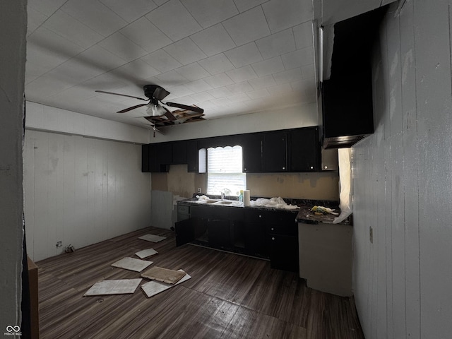 401 S W St, Kempton, IN 46049 - kitchen with dark cabinets, dark wood-style floors, a ceiling fan, and wood walls