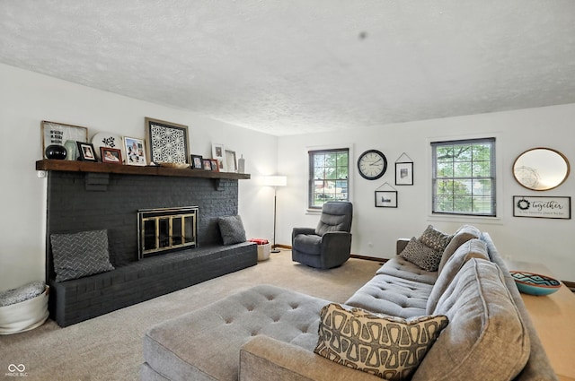 610 Front Royal Dr, Indianapolis, IN 46227 - living room featuring carpet, a fireplace, and a textured ceiling