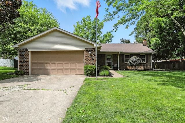 610 Front Royal Dr, Indianapolis, IN 46227 - ranch-style house featuring concrete driveway, brick siding, an attached garage, and a chimney