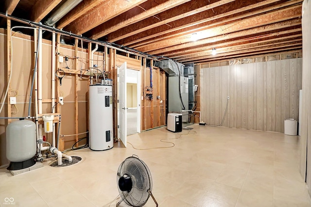11250 N 600 W, Fountaintown, IN 46130 - unfinished basement featuring electric water heater and wood walls