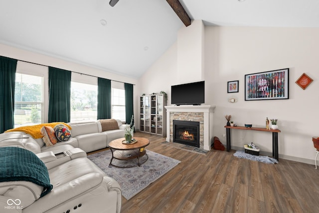 320 Briar Hill Dr, Whiteland, IN 46184 - living area with high vaulted ceiling, beam ceiling, wood finished floors, and a fireplace
