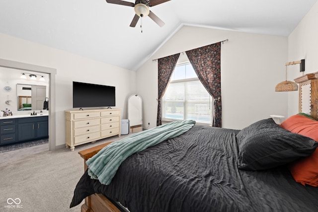 320 Briar Hill Dr, Whiteland, IN 46184 - bedroom with light carpet, lofted ceiling, ensuite bathroom, and a ceiling fan