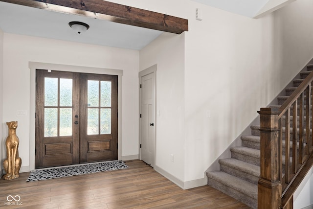 320 Briar Hill Dr, Whiteland, IN 46184 - entrance foyer with wood finished floors, stairs, french doors, and beam ceiling