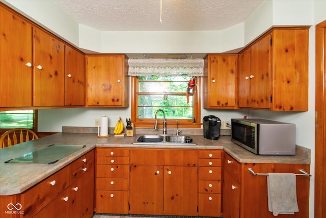 2808 Woodside Dr, Plainfield, IN 46168 - kitchen featuring stainless steel microwave, black electric stovetop, a textured ceiling, and brown cabinets