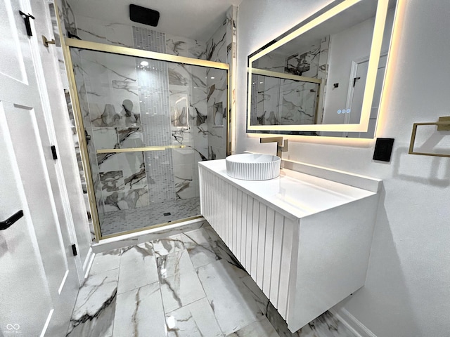 3962 Graceland Ave, Indianapolis, IN 46208 - bathroom featuring marble finish floors, vanity, and a marble finish shower