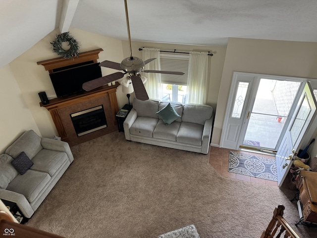 1626 N Nieman Dr, Greensburg, IN 47240 - living room with ceiling fan, carpet flooring, and a tile fireplace