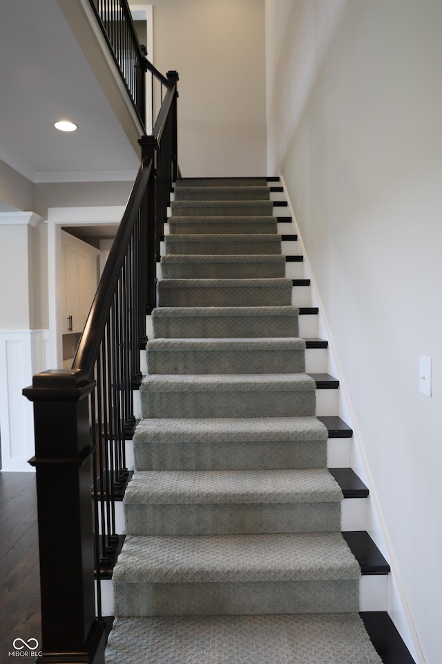 13044 Moorland Ln, Carmel, IN 46074 - stairs with recessed lighting, crown molding, and wood finished floors