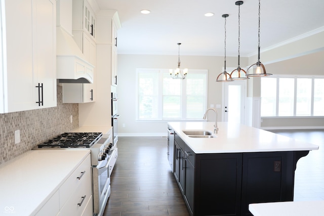 13044 Moorland Ln, Carmel, IN 46074 - kitchen with white appliances, decorative backsplash, dark wood-type flooring, light countertops, and an island with sink