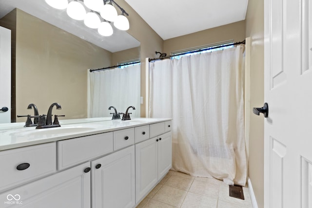 12214 Ridgeside Rd, Indianapolis, IN 46256 - bathroom featuring tile patterned floors, double vanity, and a shower with shower curtain