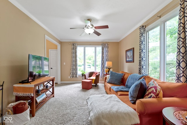 12214 Ridgeside Rd, Indianapolis, IN 46256 - living area with ceiling fan, healthy amount of natural light, crown molding, and carpet