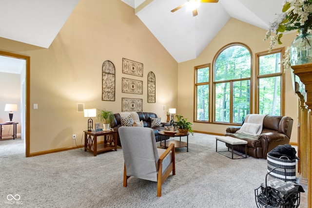 12214 Ridgeside Rd, Indianapolis, IN 46256 - carpeted living area with a ceiling fan and high vaulted ceiling