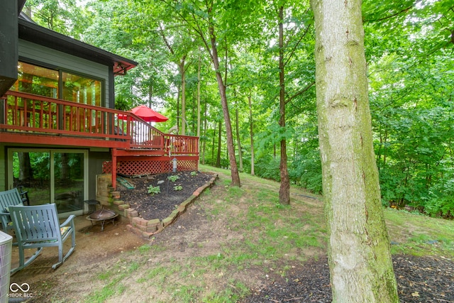 12214 Ridgeside Rd, Indianapolis, IN 46256 - view of yard with a wooden deck and a wooded view
