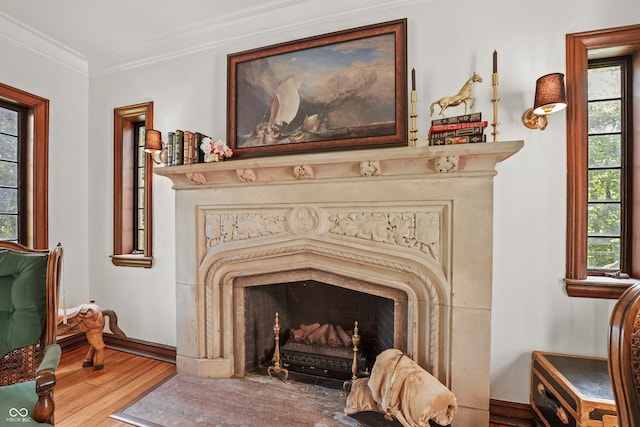 2421 W 39th St, Indianapolis, IN 46228 - detailed view of a high end fireplace, wood finished floors, and ornamental molding