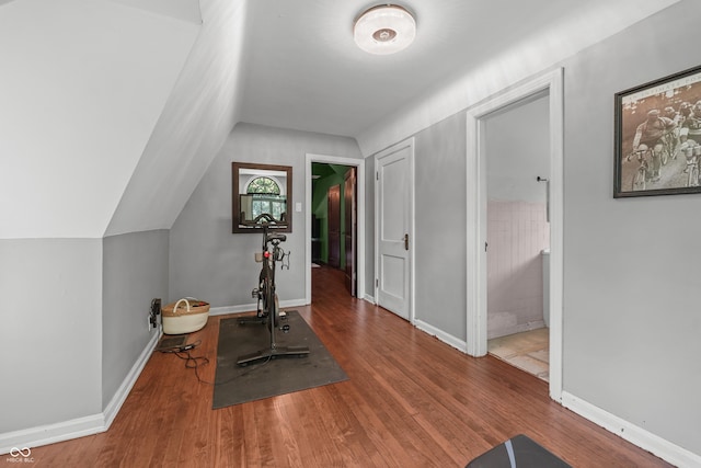 2421 W 39th St, Indianapolis, IN 46228 - workout area featuring wood finished floors and lofted ceiling