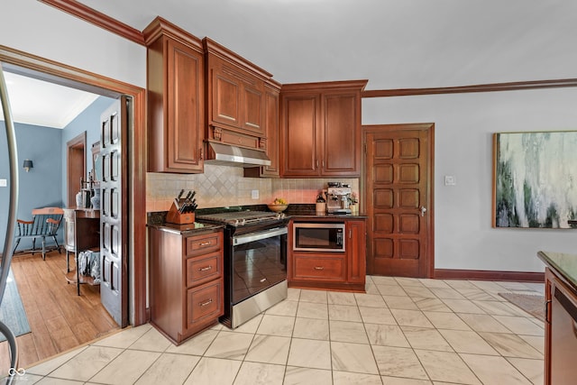 2421 W 39th St, Indianapolis, IN 46228 - kitchen with appliances with stainless steel finishes, crown molding, range hood, backsplash, and light marble finish floors