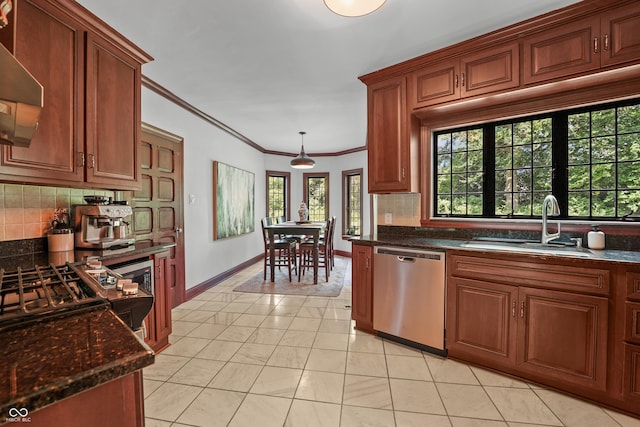 2421 W 39th St, Indianapolis, IN 46228 - kitchen featuring stainless steel dishwasher, decorative backsplash, wall chimney range hood, crown molding, and dark stone counters