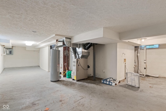 4517 E 16th St, Indianapolis, IN 46201 - basement featuring water heater, heating unit, a textured ceiling, and electric panel