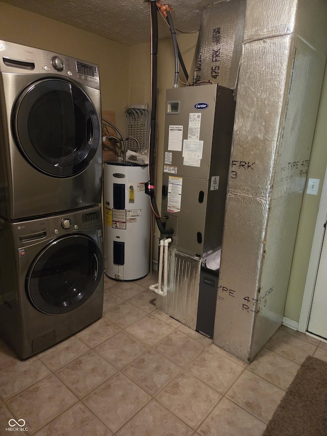 7440 Oakview Dr, Avon, IN 46123 - washroom with water heater, stacked washer and clothes dryer, light tile patterned flooring, and a textured ceiling