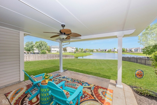 14052 Rayners Ln, Fishers, IN 46037 - view of patio / terrace with a water view, ceiling fan, and a residential view
