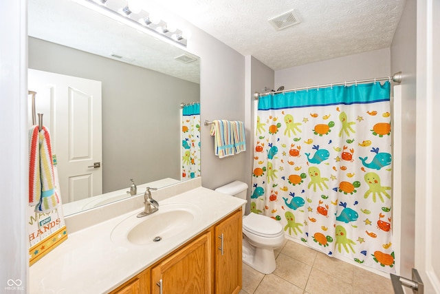 14052 Rayners Ln, Fishers, IN 46037 - full bath with tile patterned floors, vanity, a textured ceiling, and a shower with shower curtain