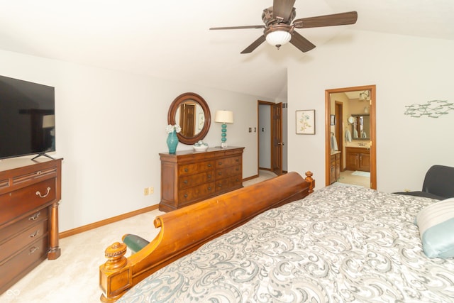 10518 Courageous Dr, Indianapolis, IN 46236 - bedroom featuring vaulted ceiling, light carpet, ensuite bathroom, and ceiling fan