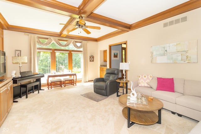 10518 Courageous Dr, Indianapolis, IN 46236 - living room featuring coffered ceiling, light carpet, beam ceiling, ceiling fan, and ornamental molding