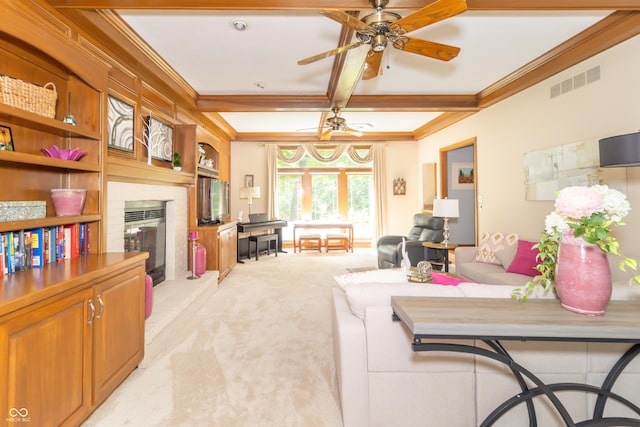10518 Courageous Dr, Indianapolis, IN 46236 - living area with crown molding, light colored carpet, a fireplace, a ceiling fan, and coffered ceiling