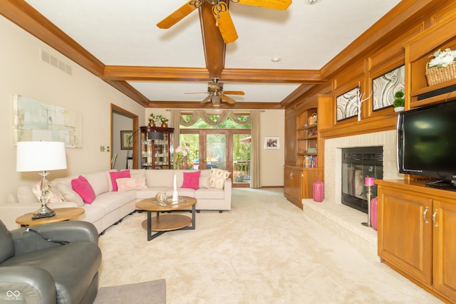 10518 Courageous Dr, Indianapolis, IN 46236 - living room featuring ceiling fan, crown molding, a brick fireplace, beam ceiling, and coffered ceiling
