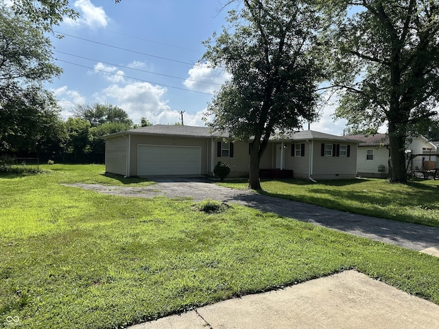 115 Hugo St, Indianapolis, IN 46229 - ranch-style home with asphalt driveway, a garage, and a front yard