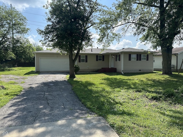 115 Hugo St, Indianapolis, IN 46229 - ranch-style house featuring driveway, an attached garage, crawl space, and a front yard